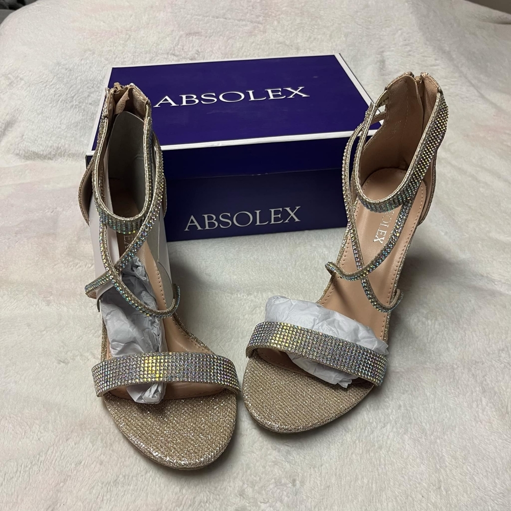 ABSOLEX Women Ankle Wrap Strap Open Toe Silver Rhinestone Block Heel